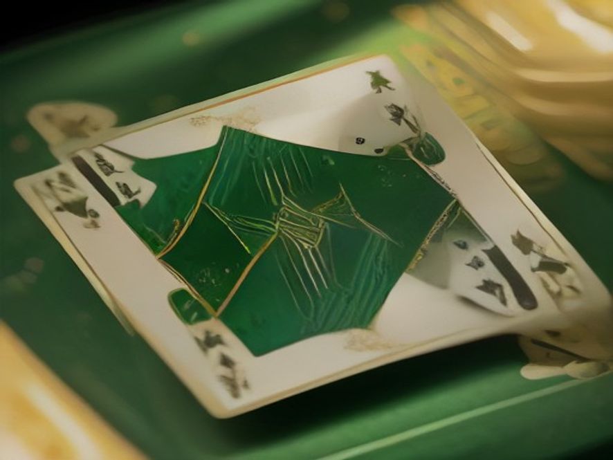 Pak Rummy card table with a fanned hand of playing cards and stacked gold chips on emerald felt