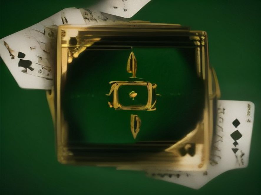 Playing cards, gold chips and a roulette wheel edge laid out on green felt at Pak Rummy